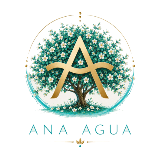 Logotipo de Ana Agua: un árbol florecido con la letra A dorada y una onda de agua turquesa